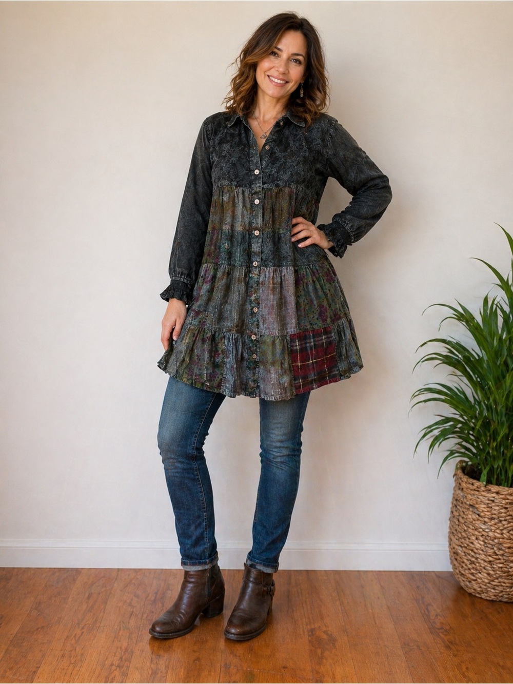 L987. Boho Patchwork Button-Front Tunic Top  %100 cotton